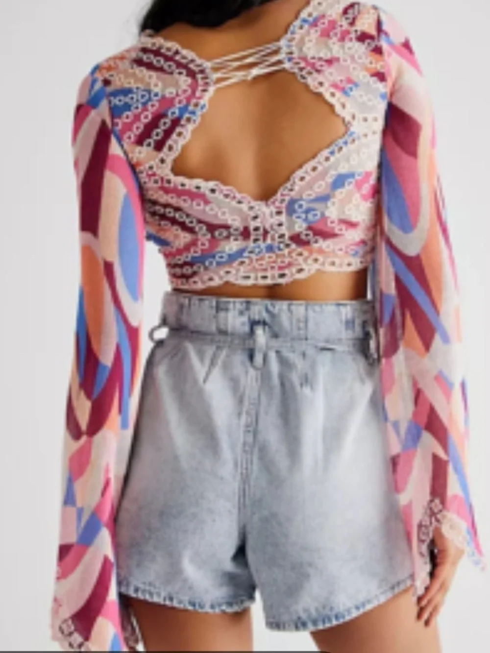 Free People Eyes On You Lace Up Mesh Crop Top Swirl Bell Sleeve Small NWT